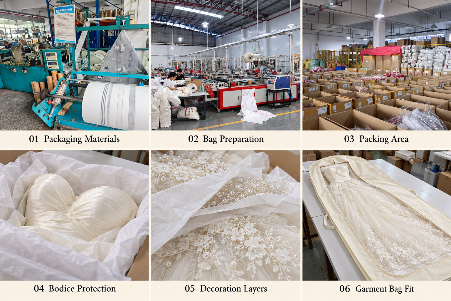 Wedding dress packing with bodice protection, tissue layers and garment bag fit.