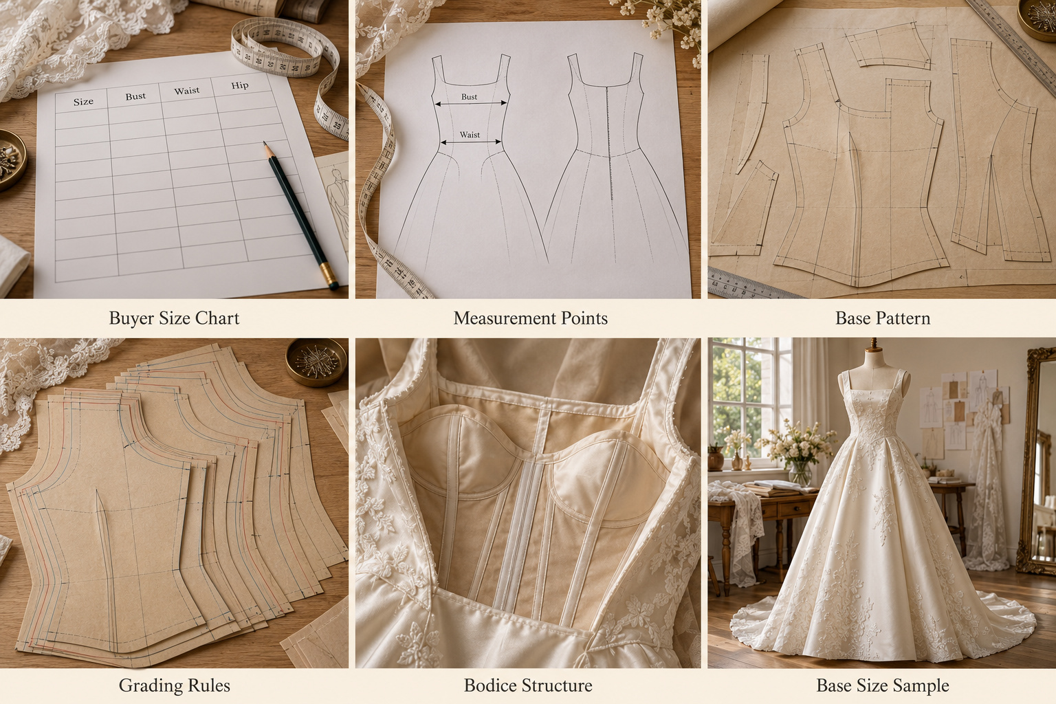 Wedding dress size grading with paper patterns and satin sample.